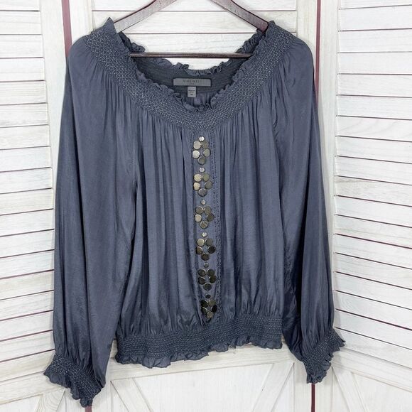 Nine West Smocked Charm Detail On Off Shoulder Peasant Blouse Blue Grey Medium - Picture 8 of 13